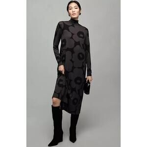 NWT Marimekko Cavea Unikko Poppy Jersey Turtleneck Midi Dress XS Gray Black